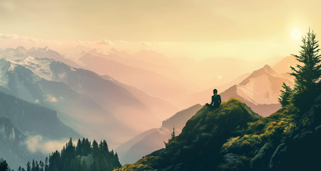 Healthy lady meditating on a mountain