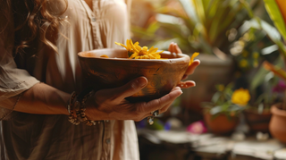 Lady holding a bowl of food that is good for blood pressure