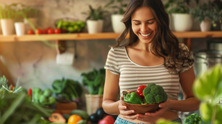 Happy healthy lady with snacks